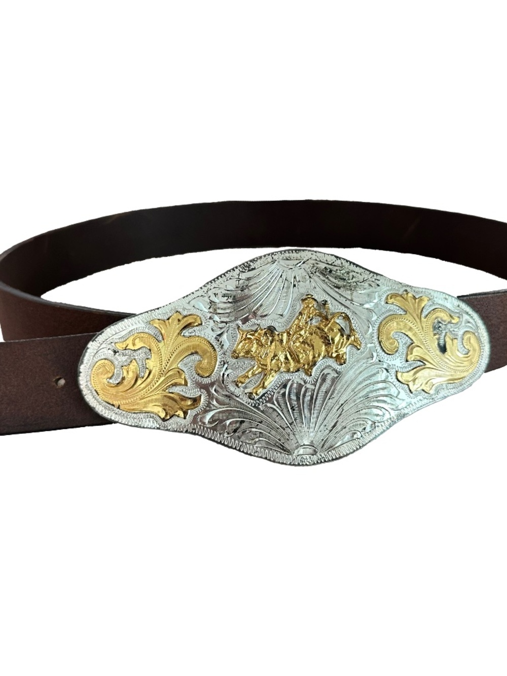 Vintage Alpaca Mexico Western Cowboy Belt Oversized Engraved Buckle Full Grain.